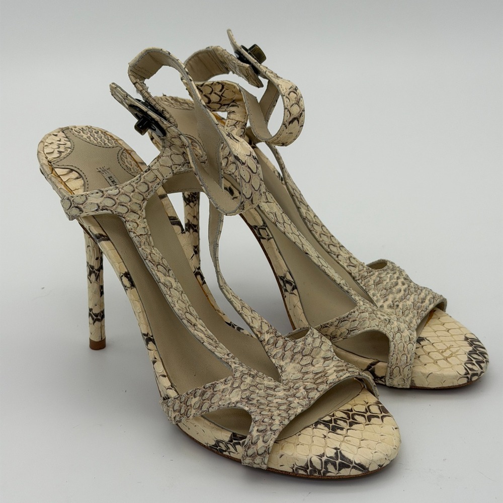 Leon Max Genuine Snakeskin Stiletto Sandals Cream Python T-Strap Size 7M‎